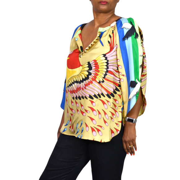 TIBI Silk Print Tunic Yellow Colorful Peacock Jeweled Studs Blue Cutouts Birds 6 - Picture 6 of 16